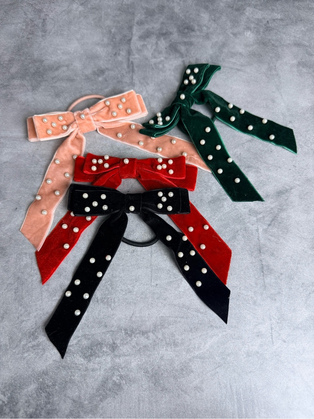 Velvet Pearl Bow Hair Tie - Pink, Red, Green, Black